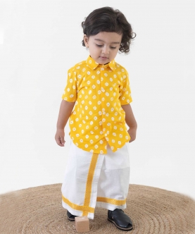 Boy Bandhani Print Cotton Mundu Shirt Set - Yellow